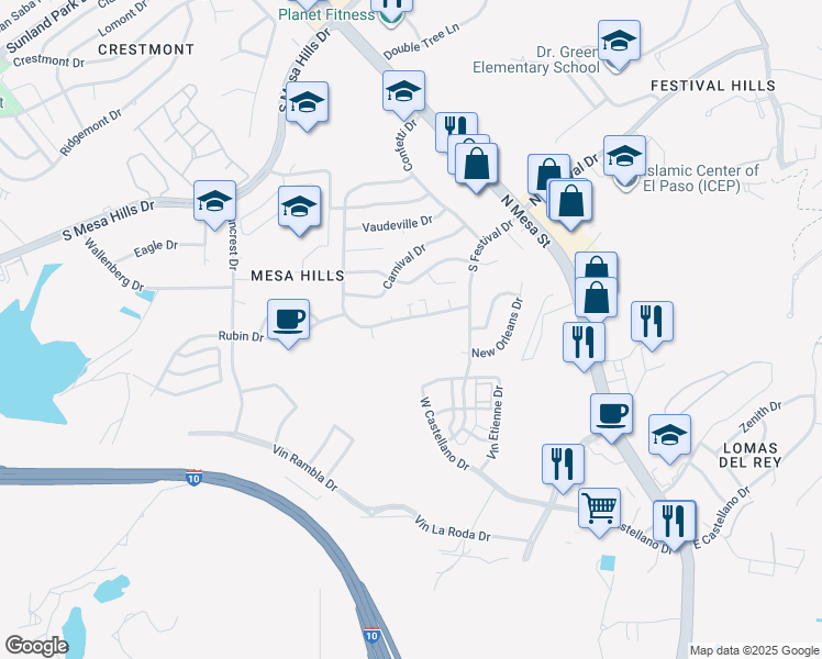 map of restaurants, bars, coffee shops, grocery stores, and more near 5233 Carousel Drive in El Paso