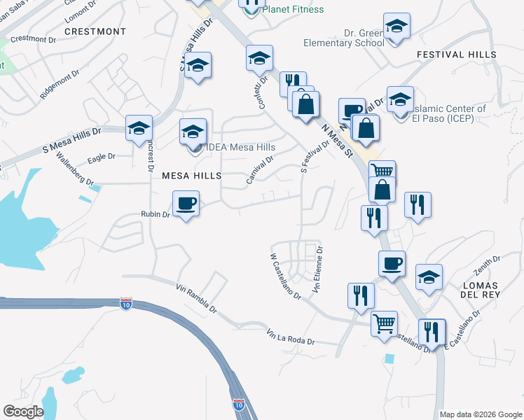 map of restaurants, bars, coffee shops, grocery stores, and more near 5233 Carousel Drive in El Paso