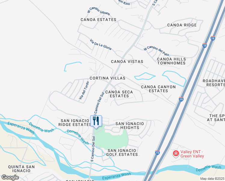 map of restaurants, bars, coffee shops, grocery stores, and more near 3889 South Placita De La Moneda in Green Valley