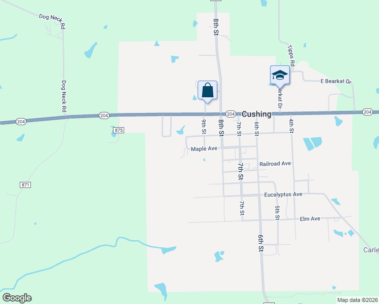 map of restaurants, bars, coffee shops, grocery stores, and more near 991 Maple Avenue in Cushing