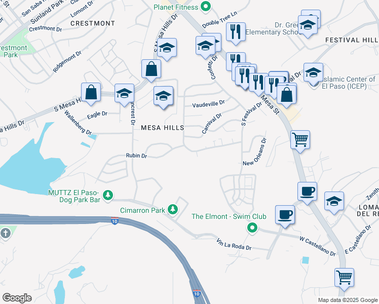 map of restaurants, bars, coffee shops, grocery stores, and more near 5267 Carousel Drive in El Paso