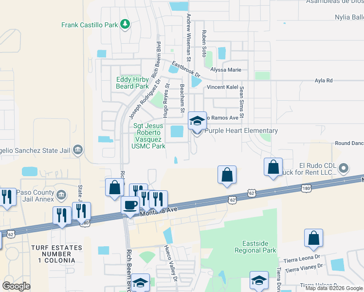 map of restaurants, bars, coffee shops, grocery stores, and more near 4561 Andrew Wiseman Street in El Paso