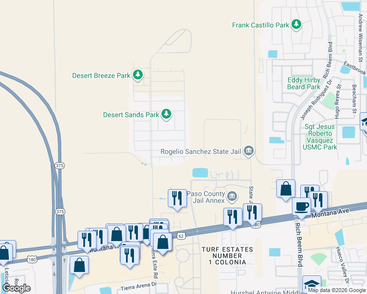map of restaurants, bars, coffee shops, grocery stores, and more near 3912 Desert Nomad Drive in El Paso