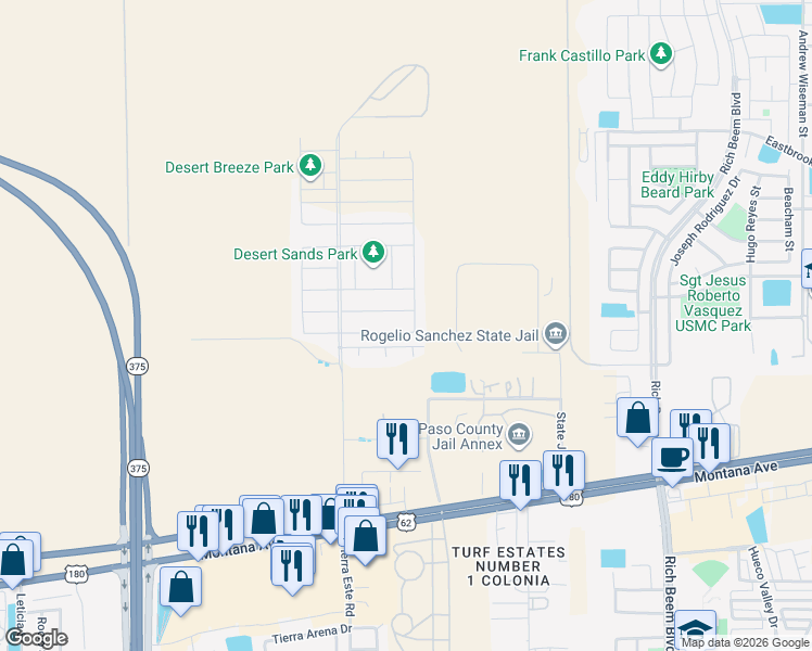 map of restaurants, bars, coffee shops, grocery stores, and more near 3912 Desert Nomad Drive in El Paso