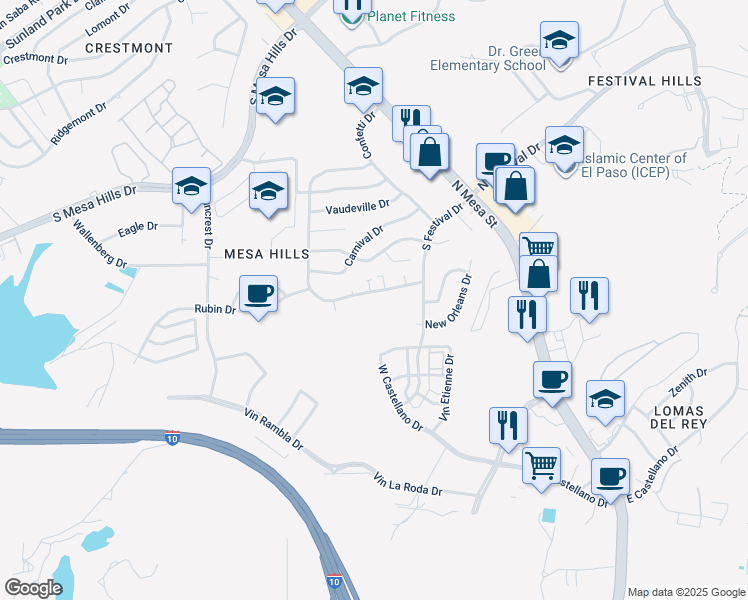 map of restaurants, bars, coffee shops, grocery stores, and more near 5224 Carousel Drive in El Paso