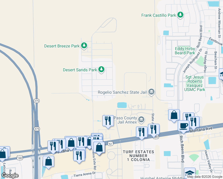 map of restaurants, bars, coffee shops, grocery stores, and more near 3912 Desert Nomad Drive in El Paso