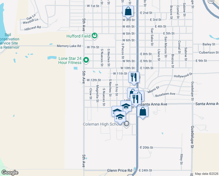 map of restaurants, bars, coffee shops, grocery stores, and more near 515 West 12th Street in Coleman