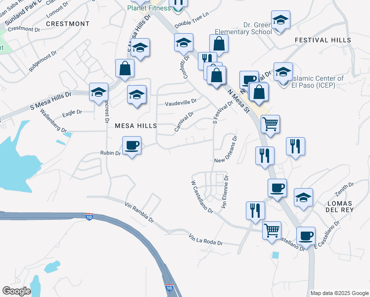 map of restaurants, bars, coffee shops, grocery stores, and more near 5233 Carousel Drive in El Paso
