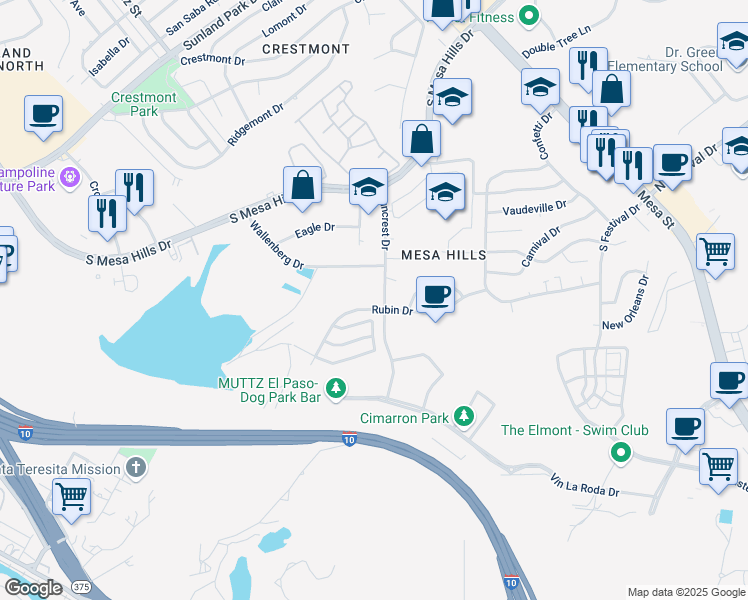 map of restaurants, bars, coffee shops, grocery stores, and more near 5301 Suncrest Drive in El Paso
