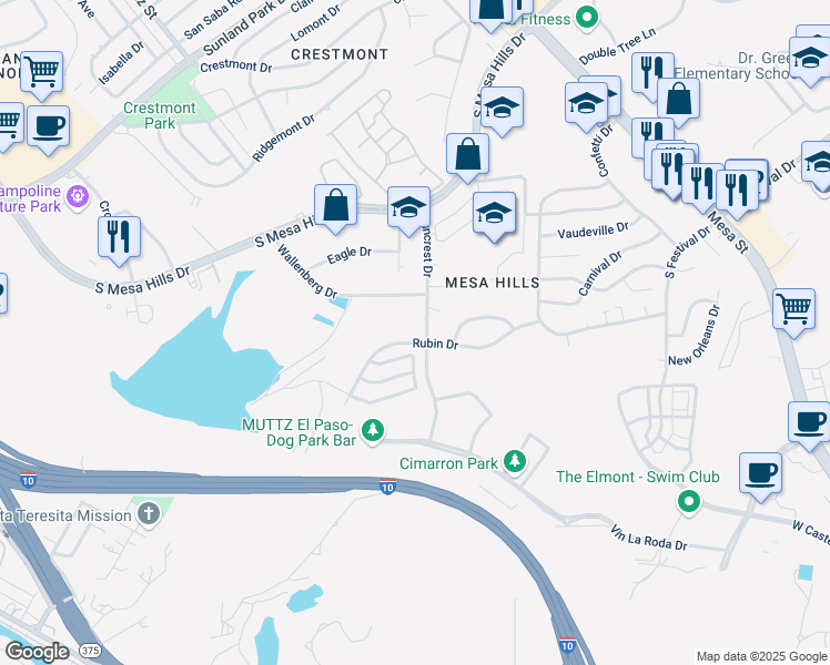 map of restaurants, bars, coffee shops, grocery stores, and more near 5301 Suncrest Drive in El Paso