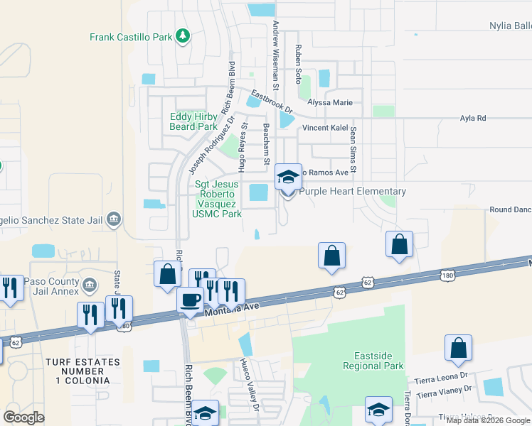 map of restaurants, bars, coffee shops, grocery stores, and more near 13336 Jonathan Elias Court in El Paso