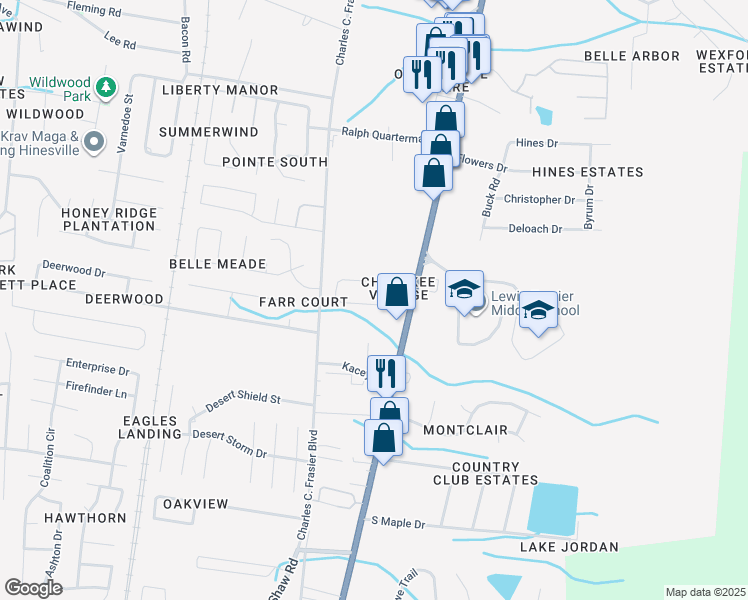 map of restaurants, bars, coffee shops, grocery stores, and more near 116 Cherokee Circle in Hinesville
