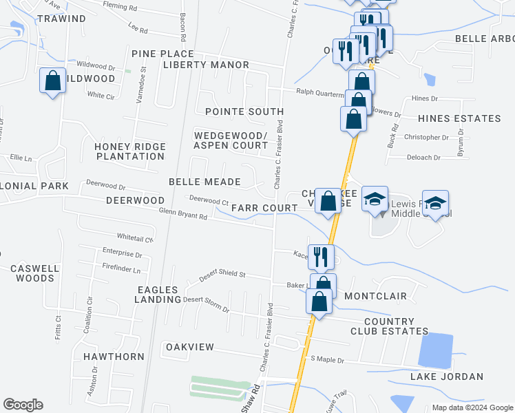 map of restaurants, bars, coffee shops, grocery stores, and more near 1016 Farr Court in Hinesville