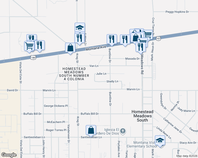 map of restaurants, bars, coffee shops, grocery stores, and more near 14568 Julie Lane in El Paso