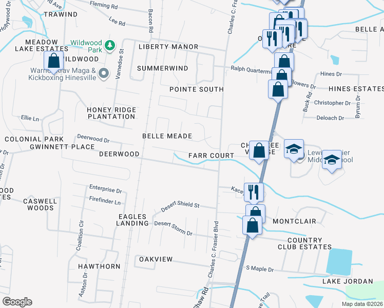map of restaurants, bars, coffee shops, grocery stores, and more near 119 Deerwood Court in Hinesville