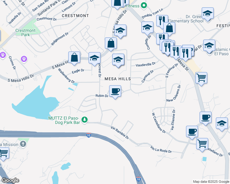 map of restaurants, bars, coffee shops, grocery stores, and more near 36 Mangrum Circle in El Paso