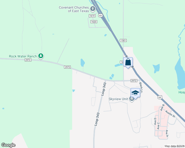 map of restaurants, bars, coffee shops, grocery stores, and more near 102 Meadowlark Lane in Rusk