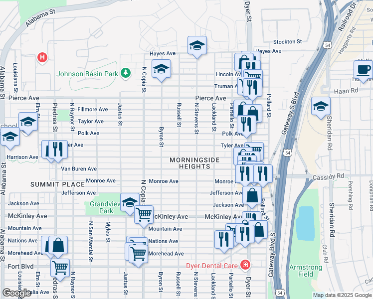 map of restaurants, bars, coffee shops, grocery stores, and more near 3601 Tyler Avenue in El Paso