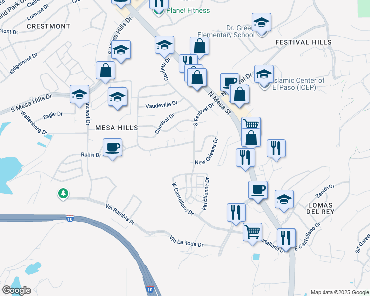 map of restaurants, bars, coffee shops, grocery stores, and more near 5200 Carousel Drive in El Paso