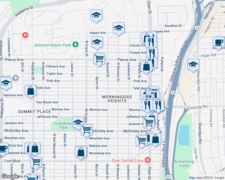 map of restaurants, bars, coffee shops, grocery stores, and more near 3601 Tyler Avenue in El Paso