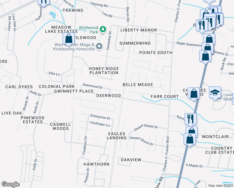 map of restaurants, bars, coffee shops, grocery stores, and more near 204 Glenn Bryant Road in Hinesville