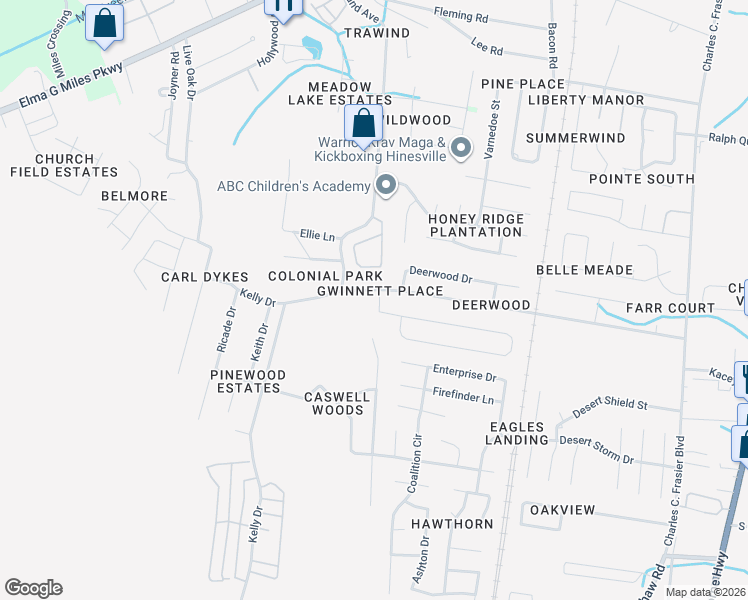 map of restaurants, bars, coffee shops, grocery stores, and more near 256 Glenn Bryant Road in Hinesville