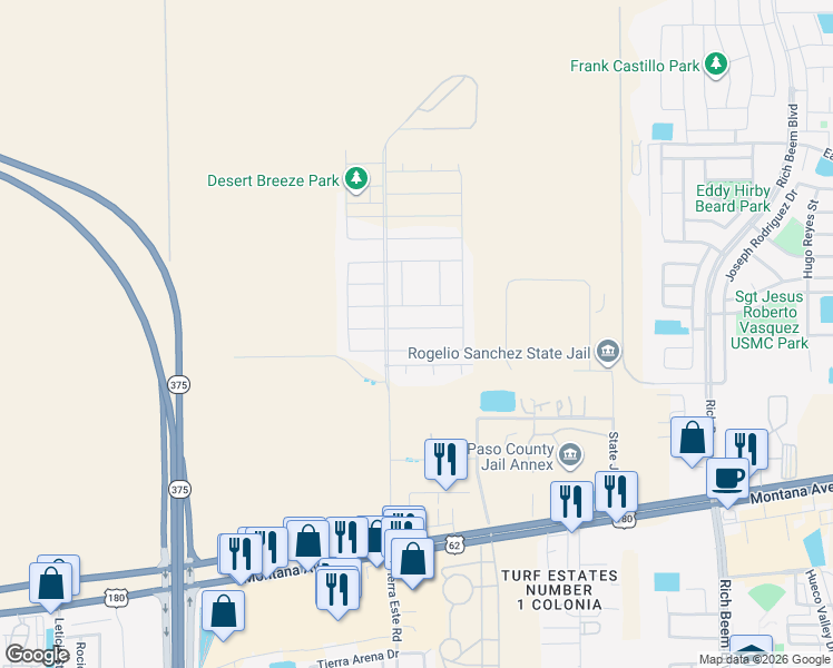 map of restaurants, bars, coffee shops, grocery stores, and more near 3850 Jc Viramontes Drive in El Paso