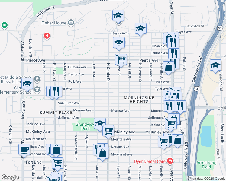 map of restaurants, bars, coffee shops, grocery stores, and more near 3401 Tyler Avenue in El Paso