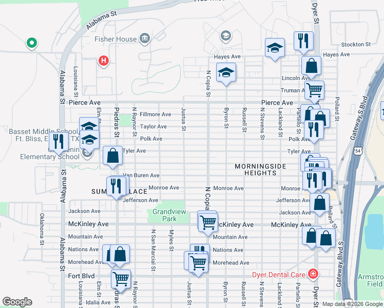 map of restaurants, bars, coffee shops, grocery stores, and more near 3315 Tyler Avenue in El Paso