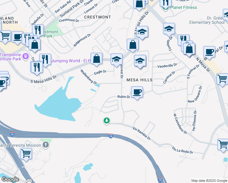 map of restaurants, bars, coffee shops, grocery stores, and more near 5300 Suncrest Drive in El Paso