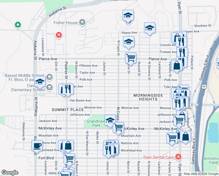 map of restaurants, bars, coffee shops, grocery stores, and more near 3315 Tyler Avenue in El Paso