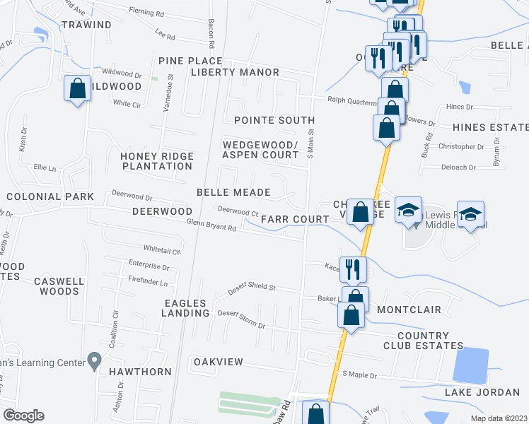 map of restaurants, bars, coffee shops, grocery stores, and more near 120 Deerwood Court in Hinesville