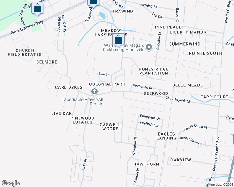 map of restaurants, bars, coffee shops, grocery stores, and more near 259 Glenn Bryant Road in Hinesville