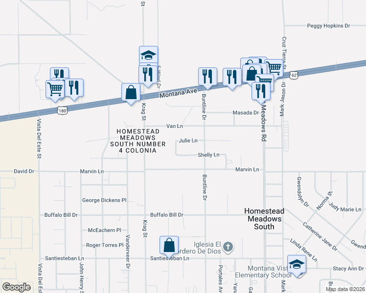 map of restaurants, bars, coffee shops, grocery stores, and more near 14568 Julie Lane in El Paso