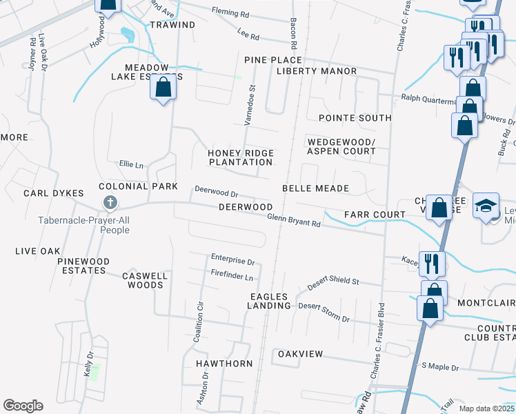 map of restaurants, bars, coffee shops, grocery stores, and more near 210 Glenn Bryant Road in Hinesville