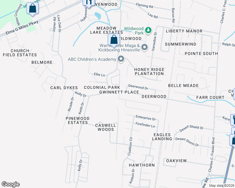 map of restaurants, bars, coffee shops, grocery stores, and more near 256 Glenn Bryant Road in Hinesville