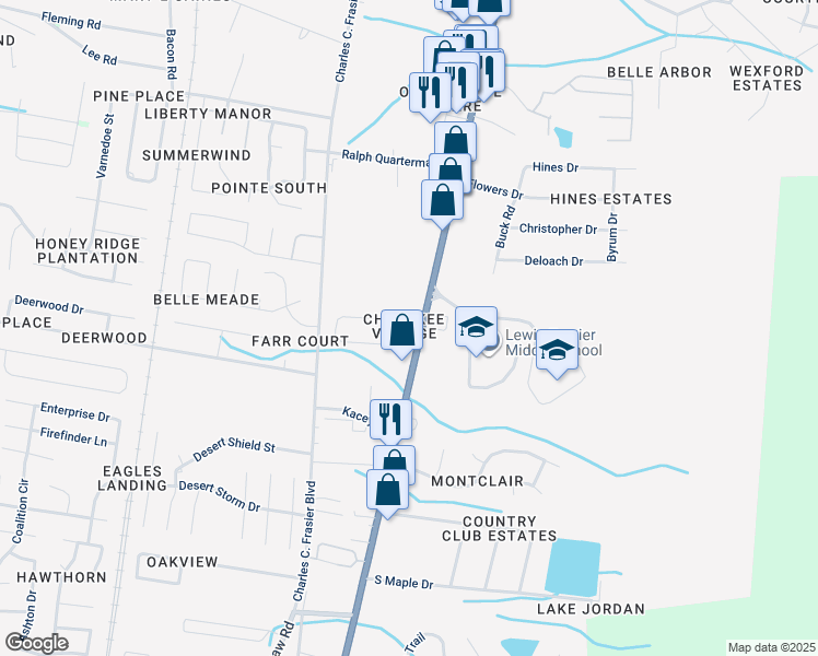 map of restaurants, bars, coffee shops, grocery stores, and more near 102 Cherokee Circle in Hinesville