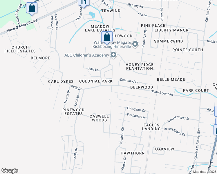 map of restaurants, bars, coffee shops, grocery stores, and more near 256 Glenn Bryant Road in Hinesville