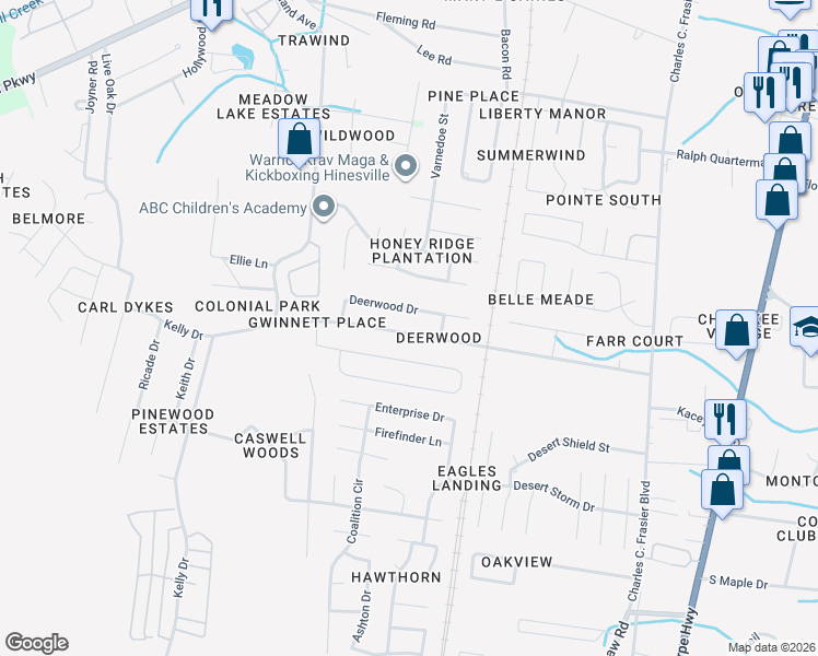 map of restaurants, bars, coffee shops, grocery stores, and more near 221 Deerwood Drive in Hinesville
