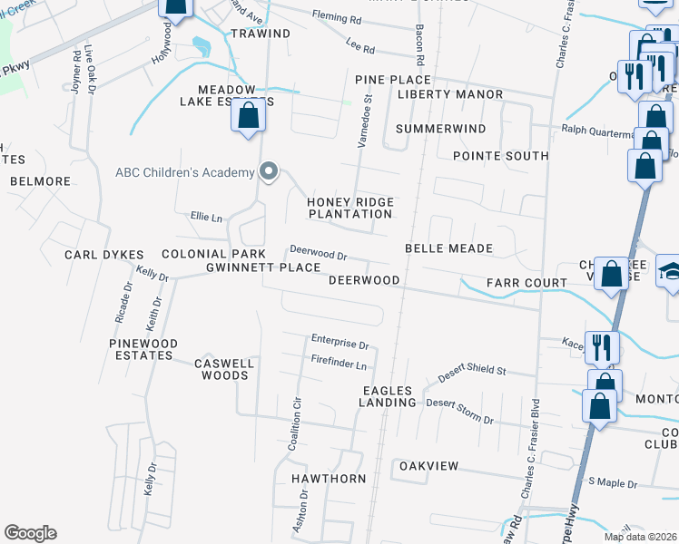 map of restaurants, bars, coffee shops, grocery stores, and more near 221 Deerwood Drive in Hinesville