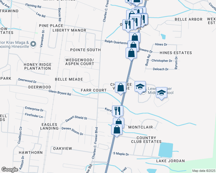 map of restaurants, bars, coffee shops, grocery stores, and more near 129 Cherokee Circle in Hinesville
