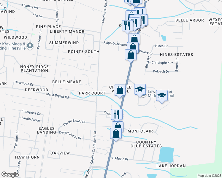 map of restaurants, bars, coffee shops, grocery stores, and more near 123 Cherokee Circle in Hinesville