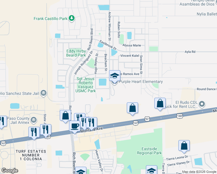 map of restaurants, bars, coffee shops, grocery stores, and more near 4561 Andrew Wiseman Street in El Paso
