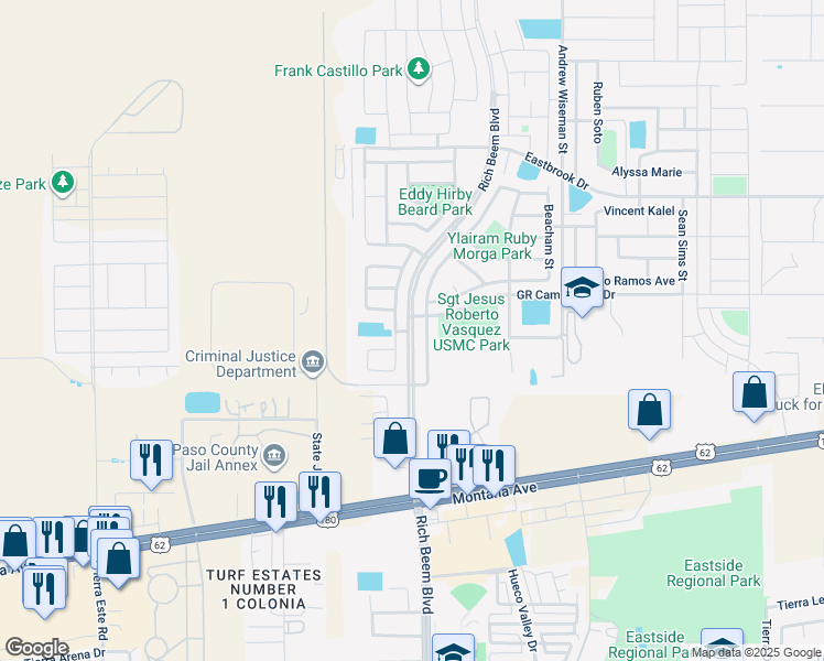 map of restaurants, bars, coffee shops, grocery stores, and more near 4600 Lorenzo Ponce Drive in El Paso