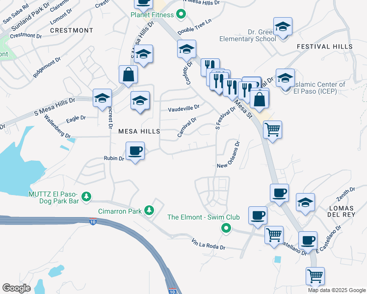 map of restaurants, bars, coffee shops, grocery stores, and more near 5236 Carousel Drive in El Paso