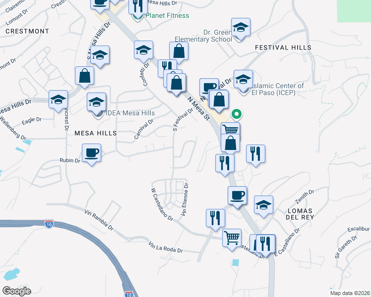 map of restaurants, bars, coffee shops, grocery stores, and more near 124 Masquerade Lane in El Paso