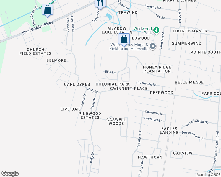 map of restaurants, bars, coffee shops, grocery stores, and more near 1100 Pineland Avenue in Hinesville