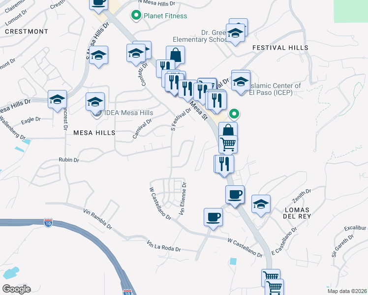 map of restaurants, bars, coffee shops, grocery stores, and more near 124 Masquerade Lane in El Paso