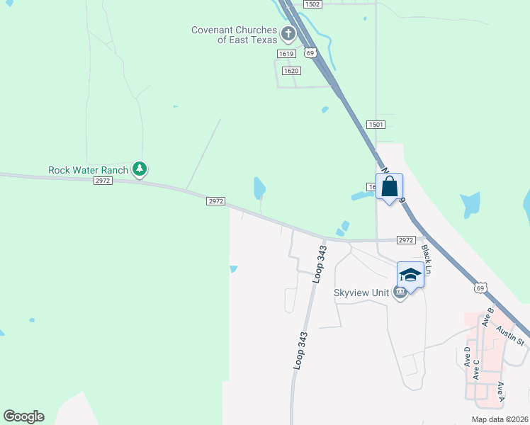 map of restaurants, bars, coffee shops, grocery stores, and more near 102 Meadowlark Lane in Rusk