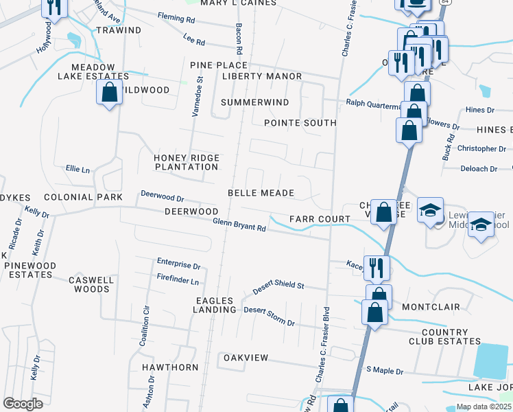 map of restaurants, bars, coffee shops, grocery stores, and more near 138 Deerwood Court in Hinesville